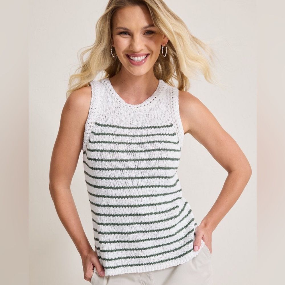 TOMMY BAHAMA CROCHET EDGE STRIPE SLEEVELESS LINEN-BLEND SWEATER DARK JADE S